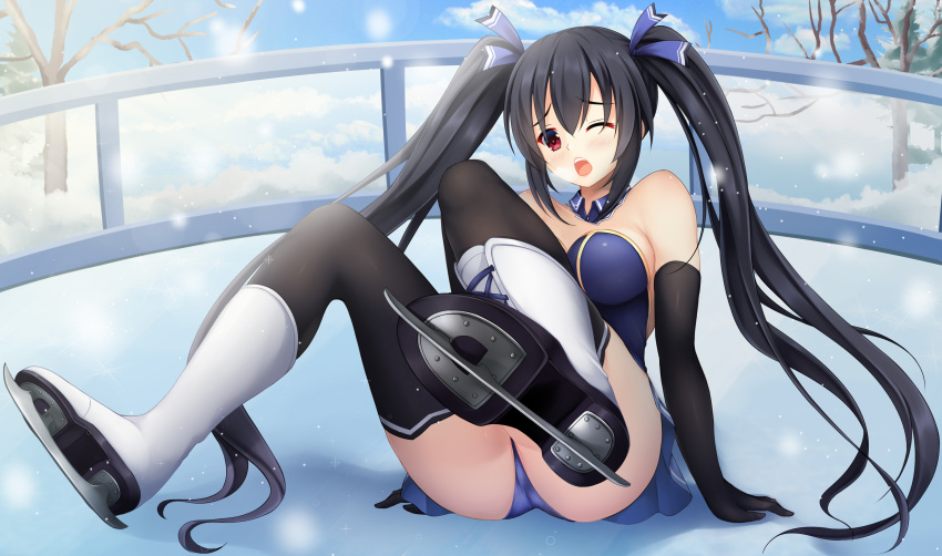 absurdres alternate_costume black_hair breath choujigen_game_neptune cloud commission commissioner_upload cross-laced_footwear elbow_gloves euforia female gloves gold highres ice ice_skates ice_skating neptune_(series) noire_(neptunia) non-web_source one_eye_closed red_eyes skates skating snow snowing solo tree twintails