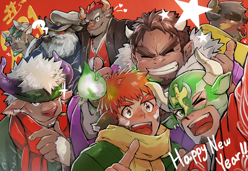 2021 6+boys ahab_(housamo) animal_ears asterius_(housamo) bara bisen_(mirion_ray) brown_eyes brown_fur brown_hair chinese_zodiac cow_boy cow_ears cow_horns dark-skinned_male dark_skin eye_black facial_hair fake_animal_ears fiery_horns forked_eyebrows furry furry_male glowing_horns goatee green_hair group_picture gyumao_(housamo) happy_new_year highres horns huge_eyebrows ikusaba_daisuke long_sideburns male_focus marduk_(housamo) minotaur multiple_boys new_year old old_man one_eye_closed orange_hair pipe_in_mouth red_hair shennong_(housamo) short_hair sideburns smoking_pipe spiked_hair taurus_mask tetsuox_(housamo) thick_eyebrows tokyo_afterschool_summoners wakan_tanka white_hair wrestling_mask year_of_the_ox