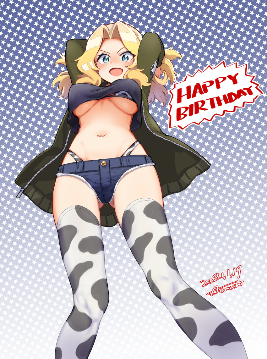 animal_print aomushi_(mushamusha) black_shirt blonde_hair blue_eyes blue_shorts bomber_jacket breasts cow_print denim denim_shorts female girls_und_panzer hair_intakes highres jacket kay_(girls_und_panzer) large_breasts long_hair midriff navel open_clothes open_jacket saunders_military_uniform saunders_school_uniform school_uniform shirt short_shorts shorts solo thighhighs underboob