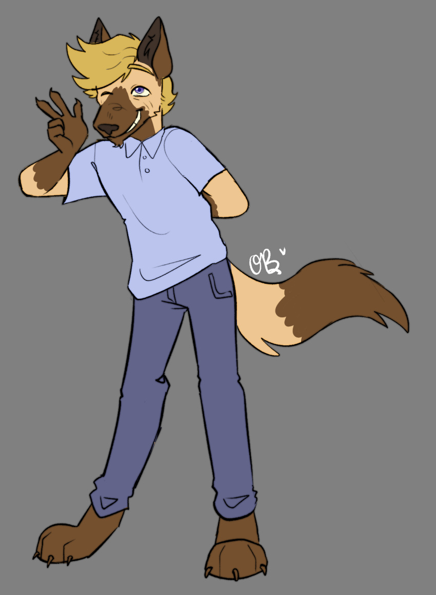 2023 anthro blonde_hair bottomwear brown_body brown_fur brown_markings canid canine canis claws clothed clothing denim denim_bottomwear denim_clothing digital_media_(artwork) dipstick_tail domestic_dog dress_shirt flat_colors fur german_shepherd gesture guide_lines hair hand_behind_back hand_gesture herding_dog hi_res hybrid insomniactix jackson_(zer0rebel4) jeans male mammal markings one_eye_closed pants pastoral_dog paws purple_eyes shirt solo tail tail_markings tan_body tan_fur topwear trans_(lore) trans_man_(lore) v_sign wink wolf