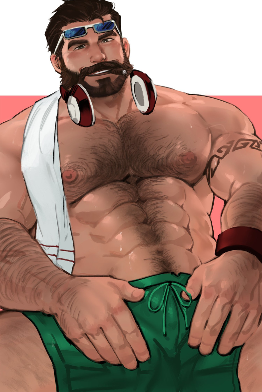 1boy abs arm_tattoo bara brown_hair bulge chest_hair cigar dopey_(dopq) eyewear_on_head facial_hair graves_(league_of_legends) green_male_swimwear hairy headphones headphones_around_neck highres large_pectorals league_of_legends male_focus male_swimwear mature_male moustache muscular muscular_male navel navel_hair nipples paid_reward_available pectorals pool_party_graves short_hair solo stomach swim_briefs tattoo thick_thighs thighs topless_male towel towel_around_neck