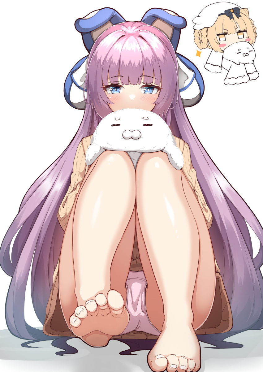 2girls absurdres azur_lane bare_legs barefoot beret blonde_hair blue_eyes blush_stickers braid braided_hair_rings brown_eyes brown_sweater chibi chibi_inset commentary_request covered_mouth feet foreshortening fur-trimmed_sleeves fur_trim gremyashchy_(azur_lane) hair_rings hat highres long_sleeves looking_at_viewer moyoron multiple_girls panties pink_panties purple_hair ribbed_sweater simple_background sleeves_past_fingers sleeves_past_wrists soles sparkle stuffed_animal stuffed_seal stuffed_toy sweater tashkent_(azur_lane) toes twin_braids underwear v-shaped_eyebrows white_background white_headwear