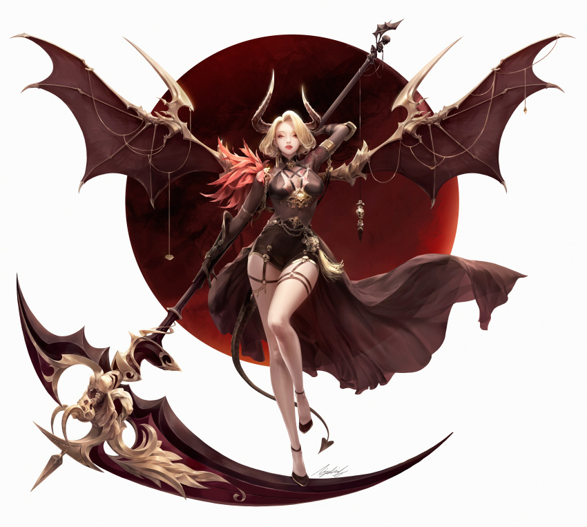 absurdres arm_up armor black_footwear black_gloves black_skirt black_wings blonde_hair breasts cleavage demon_girl demon_tail elbow_gloves fantasy female full_body garter_straps gloves highres holding holding_scythe horns lizchief looking_at_viewer medium_breasts moon original parted_lips pencil_skirt red_eyes red_moon scythe short_hair simple_background skirt skull solo tail tassel white_background wings