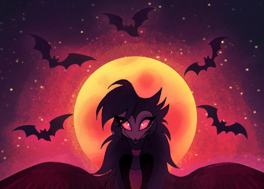 anthro avian bat bird clothed clothing cuttoncandyhair demon female helluva_boss looking_at_viewer mammal moon night octavia_(helluva_boss) open_wings owl solo space star wings