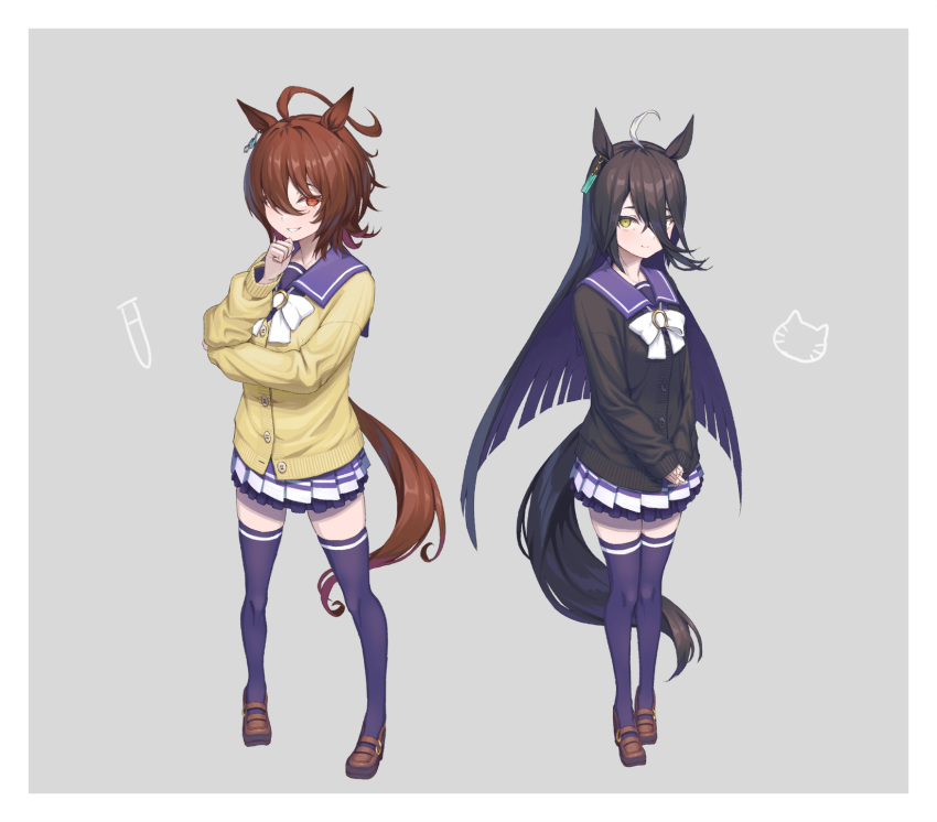 2girls agnes_tachyon_(umamusume) ahoge alternate_legwear animal_ears black_hair black_sweater blue_sailor_collar blue_thighhighs blush bow bowtie breasts brown_eyes brown_footwear brown_hair buckle buttons closed_mouth commentary_request crossed_arms ear_tag earrings eyelashes full_body grey_background grin hair_between_eyes hand_to_own_mouth highres horse_ears horse_girl horse_tail jewelry kazu_no_reason knees loafers long_hair long_sleeves looking_at_viewer manhattan_cafe_(umamusume) medium_breasts miniskirt multiple_girls pleated_skirt sailor_collar shoes short_hair simple_background skirt smile standing sweater tail thighhighs umamusume v_arms white_bow white_bowtie yellow_eyes yellow_sweater