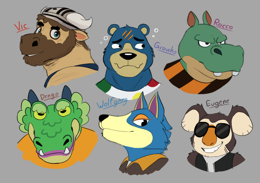 absurd_res animal_crossing anthro armor bear black_nose blue_body blue_eyes blue_fur bovid brown_body brown_clothing brown_fur brown_hair brown_topwear canid canine canis clothed clothing dinonugget_bird drago_(animal_crossing) dragon eugene_(animal_crossing) eyewear facial_hair facial_markings fangs fur green_body green_scales grey_background grin groucho_(animal_crossing) group hair head_markings headgear headshot_portrait helmet hi_res hippopotamid horn koala looking_aside looking_at_viewer male male_(lore) mammal markings marsupial multiple_images muzzle_(marking) mythological_creature mythological_scalie mythology nintendo orange_clothing orange_shirt orange_topwear pattern_clothing portrait rocco_(animal_crossing) scales scalie shirt simple_background smile snout snout_markings striped_clothing stripes sunglasses teeth text topwear vest vic_(animal_crossing) vombatiform white_clothing white_shirt white_topwear wolf wolfgang_(animal_crossing)