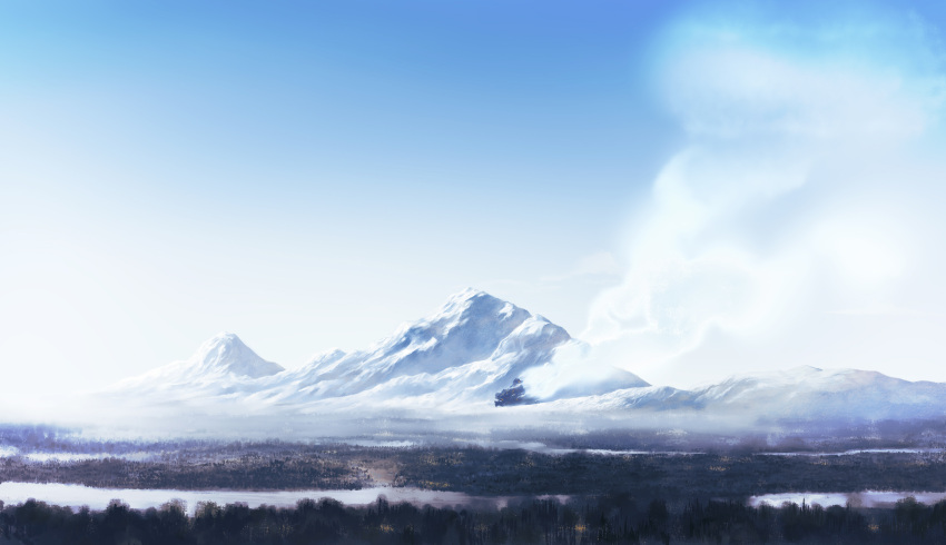 cloud commentary forest highres lake monster_hunter:_world monster_hunter_(series) mountain mountainous_horizon nature no_humans outdoors scenery sky sky_focus smoke yan_wan zorah_magdaros