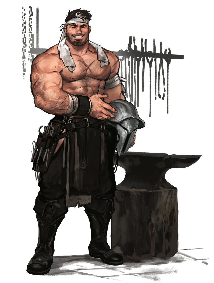 1boy abs bara beard black_hair black_pants blacksmith blacksmith_tongs closed_eyes dopey_(dopq) facial_hair full_body hairy headband helmet highres large_pectorals male_focus manly mature_male multicolored_hair muscular muscular_male nipples old old_man original pants pectorals scar scar_on_chest short_hair solo standing streaked_hair tongs topless_male towel towel_around_neck white_hair