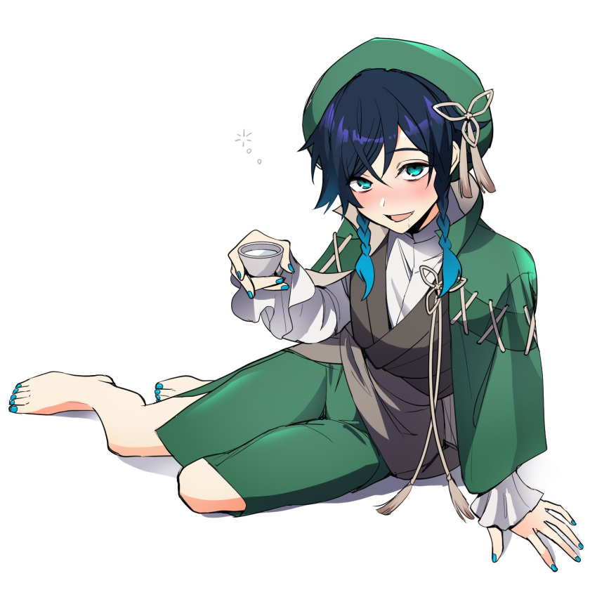 1boy aqua_eyes barefoot beret black_hair blue_hair blue_nails blush braid choko_(cup) cup drunk genshin_impact gradient_hair green_hat hair_between_eyes hat highres holding holding_cup japanese_clothes long_sleeves looking_at_viewer male_focus multicolored_hair nail_polish open_mouth otoko_no_ko parted_lips rome_romedo saliva simple_background sitting smile solo squeans suikou_(genshin_impact) tassel toenail_polish toenails toes twin_braids venti_(genshin_impact) white_background