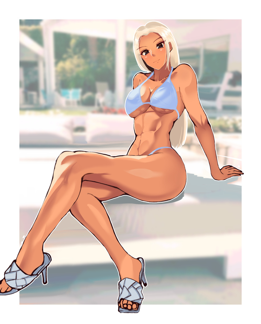 abs absurdres bed bikini black_eyes blue_bikini blush breasts cleavage crossed_legs dark-skinned_female dark_skin female highres long_hair long_legs looking_at_viewer original platinum_blonde_hair sandals sitting smile solo swimsuit volyz