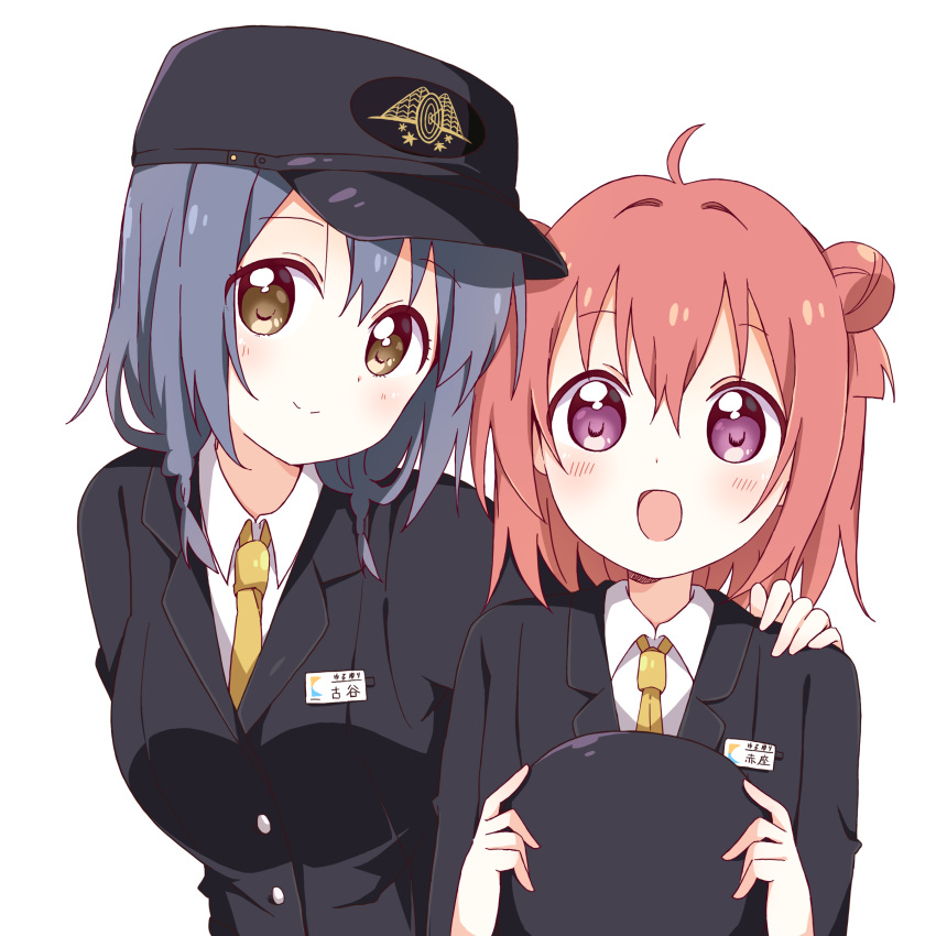 2girls :d absurdres ahoge akaza_akari alternate_costume arm_behind_back black_headwear black_jacket black_suit blue_hair blush braid breasts brown_eyes buttons closed_mouth collared_shirt commentary_request double_bun formal furutani_himawari hair_between_eyes hair_bun hand_on_another's_shoulder happy hat highres holding holding_clothes holding_hat jacket large_breasts looking_at_viewer medium_hair mesushio multiple_girls name_tag necktie open_mouth peaked_cap purple_eyes red_hair shadow shirt side-by-side simple_background smile split_mouth suit train_attendant travel_attendant twin_braids unworn_hat unworn_headwear upper_body white_background white_shirt yellow_necktie yuru_yuri