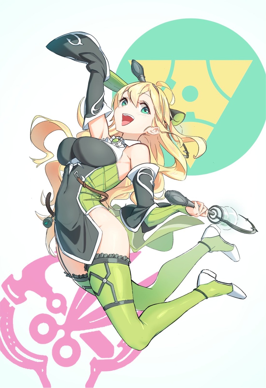 adapted_costume arm_up bare_shoulders blonde_hair breasts covered_navel detached_sleeves duel_monster female full_body genni_(yu-gi-oh!) green_eyes green_thighhighs highres holding holding_wand jumping large_breasts long_sleeves nintella_grim no_eyewear open_mouth pelvic_curtain servant_of_endymion shoes solo thighhighs wand wide_sleeves witchcrafter_genni yu-gi-oh!