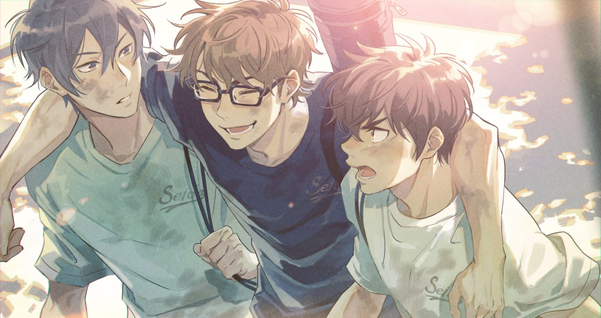 3boys ace_of_diamond aqua_shirt arm_on_another's_shoulder black_hair blue_eyes blue_shirt brown_eyes brown_hair closed_eyes day dirty dirty_face furuya_satoru glasses highres looking_at_another male_focus miyuki_kazuya multiple_boys open_mouth outdoors sato_(sato_1_11) sawamura_eijun shirt short_hair smile upper_body white_shirt