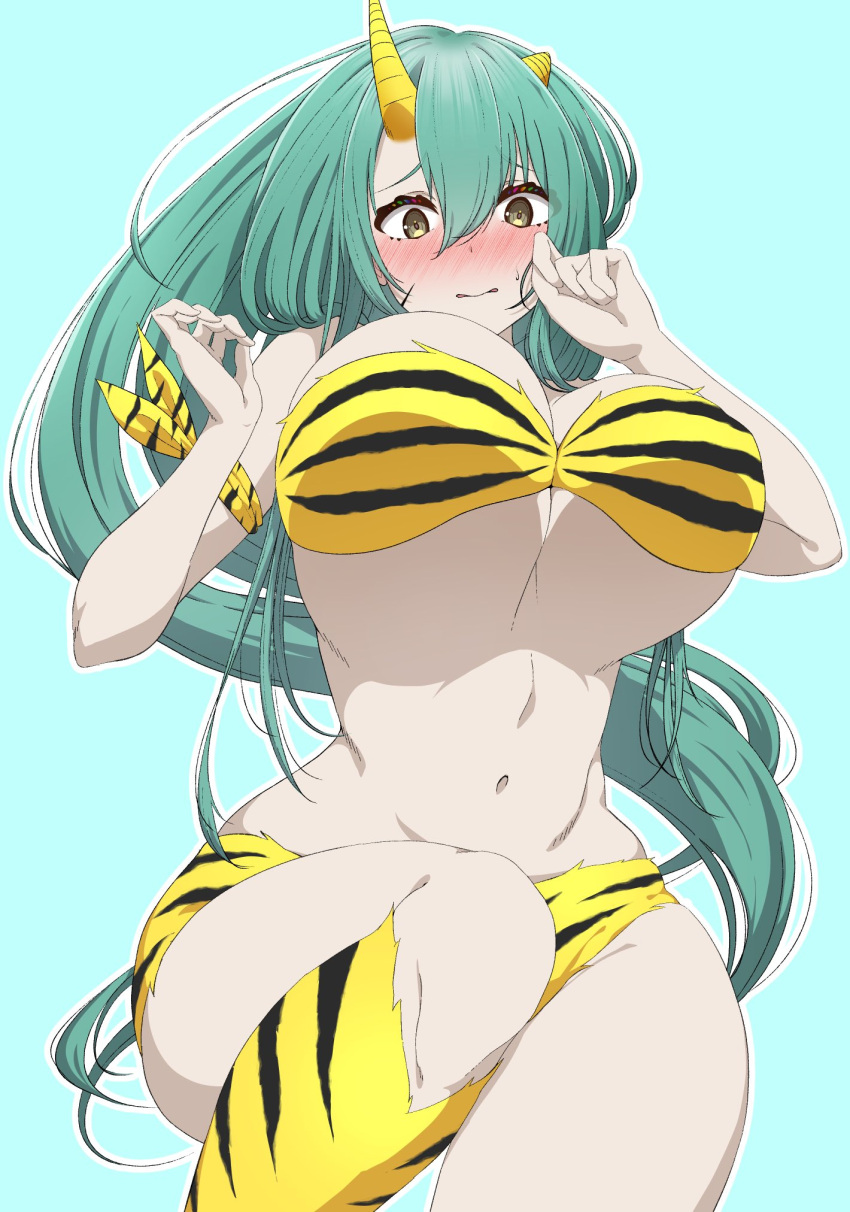 animal_print arknights bikini blue_background blush boots breasts brown_eyes colored_skin cosplay female green_hair highres horns hoshiguma_(arknights) large_breasts long_hair lum lum_(cosplay) makino navel oni pale_skin print_footwear simple_background skin-covered_horns solo strapless strapless_bikini swimsuit thick_thighs thighs tiger_print urusei_yatsura white_skin