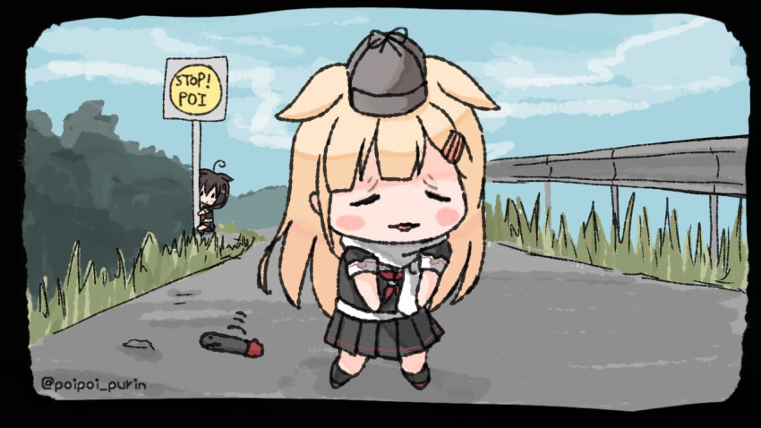 2girls black_ribbon black_serafuku black_skirt blonde_hair chibi closed_eyes commentary_request deerstalker detective_pikachu detective_pikachu_(movie) hair_flaps hair_ornament hair_ribbon hairclip hat kantai_collection long_hair multiple_girls neckerchief parody pleated_skirt poipoi_purin pokemon red_neckerchief ribbon road scarf school_uniform serafuku shigure_(kancolle) shigure_kai_ni_(kancolle) sign skirt solo_focus torpedo white_scarf wrinkled_frown_(detective_pikachu) yuudachi_(kancolle) yuudachi_kai_ni_(kancolle)