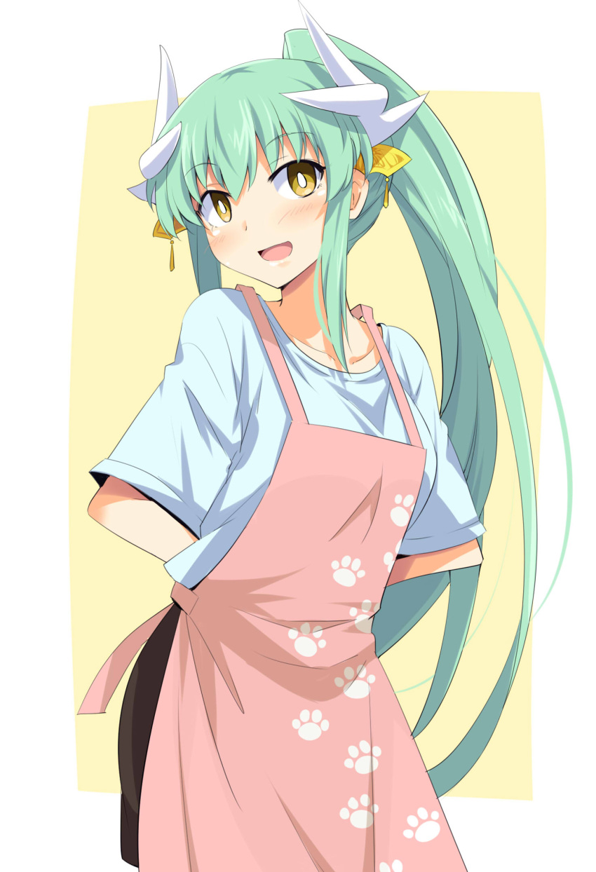 :d alternate_costume apron arms_behind_back blush breasts brown_skirt chata_maru_(irori_sabou) collarbone commentary_request cowboy_shot fate/grand_order fate_(series) female green_hair high_ponytail highres horns kiyohime_(fate) long_hair looking_at_viewer open_mouth paw_print pink_apron ponytail shirt short_sleeves skirt smile solo tying_apron very_long_hair white_shirt yellow_eyes