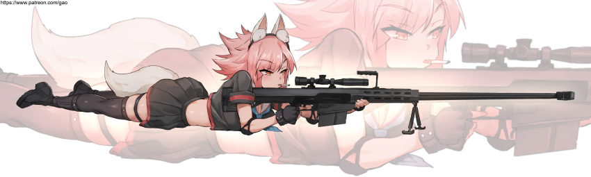 adoptable aiming animal_ears anti-materiel_rifle barrett_m82 black_footwear black_gloves black_skirt black_thighhighs boots cigarette combat_boots commentary elbow_pads english_commentary fake_animal_ears female fingerless_gloves fox_ears fox_tail full_body gao_(gaolukchup) gloves gun highres lying midriff on_stomach orange_eyes original pink_hair rifle school_uniform scope serafuku short_hair skirt smoking sniper_rifle solo tail thigh_strap thighhighs tripod watermark weapon web_address zoom_layer