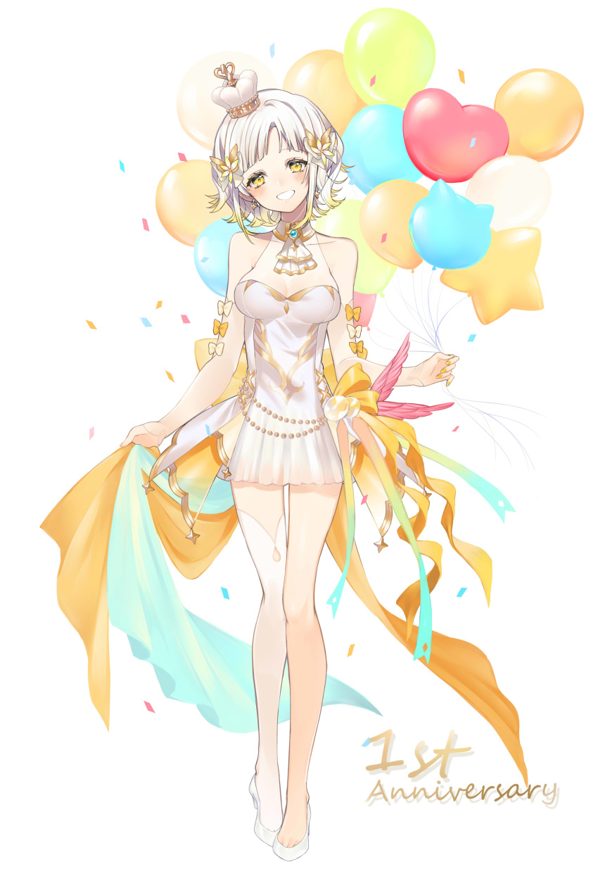 447_records absurdres anniversary ascot balloon bare_shoulders blonde_hair breasts cleavage confetti crown detached_sleeves dress female head_tilt heart_balloon highres large_breasts looking_at_viewer mini_crown multicolored_hair see-through see-through_sleeves shoes short_dress single_thighhigh smile sogawa solo thighhighs toe_cleavage two-tone_hair virtual_youtuber white_ascot white_dress white_footwear white_hair white_thighhighs yellow_eyes yuzuha_(vtuber)