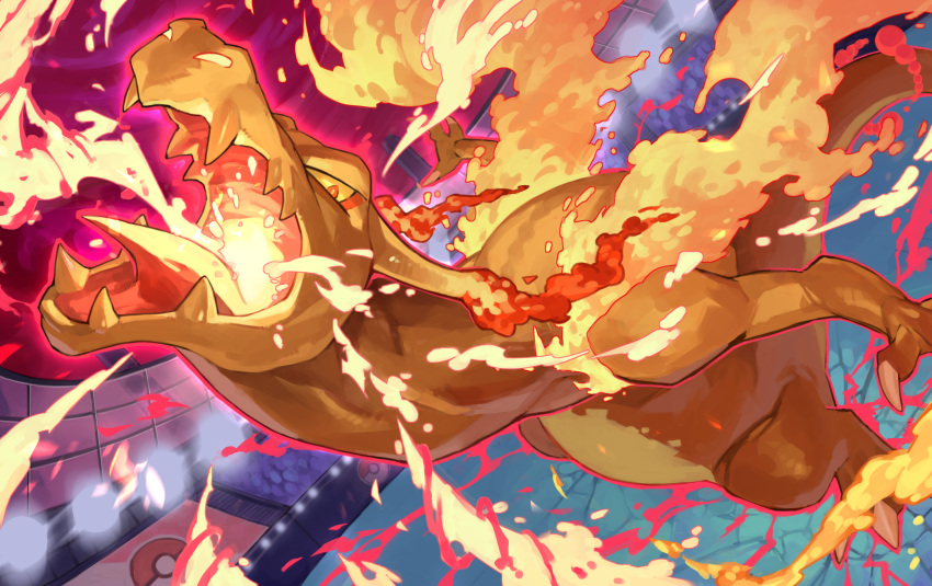 breath_weapon breathing_fire charizard claws colored_sclera commentary energy fire gigantamax gigantamax_charizard highres looking_at_viewer no_humans orange_eyes poke_ball_symbol pokemon pokemon_(creature) solo stadium tapioka_chaso yellow_sclera