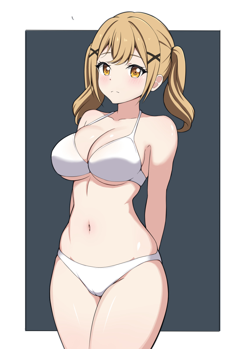 absurdres arms_behind_back bang_dream! bare_arms bare_shoulders bikini blonde_hair blush border breasts cameltoe cleavage closed_mouth collarbone commentary cowboy_shot english_commentary female grey_background hair_ornament halterneck highres ichigaya_arisa large_breasts looking_at_viewer medium_hair mnkr98 navel outside_border paid_reward_available simple_background solo stomach swimsuit twintails underboob white_bikini white_border x_hair_ornament yellow_eyes