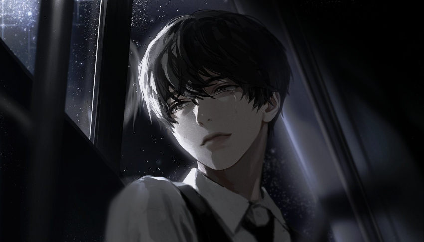 1boy aged_down black_eyes black_hair blackbox_(blackbox9158) collared_shirt from_below hair_between_eyes kim_dokja korean_commentary looking_back male_focus night night_sky omniscient_reader's_viewpoint reflection sad sad_smile school_uniform shirt short_hair sky star_(sky) starry_sky tears upper_body window wing_collar