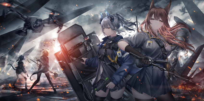 4girls absurdres animal_ears arknights axe black_gloves black_thighhighs blacksteel_worldwide_(arknights) blue_jacket brown_eyes brown_hair cat_tail chinese_commentary commentary_request dress drone embers fox_ears franka_(arknights) gloves grey_dress grey_hair grey_shirt grey_skirt gun handgun highres holding holding_gun holding_sword holding_weapon horns id_card jacket jessica_(arknights) junpaku_karen liskarm_(arknights) long_hair long_sleeves looking_at_viewer miniskirt multiple_girls outdoors pleated_skirt ponytail shield shirt short_dress skirt smile sword tail thighhighs vanilla_(arknights) weapon zettai_ryouiki