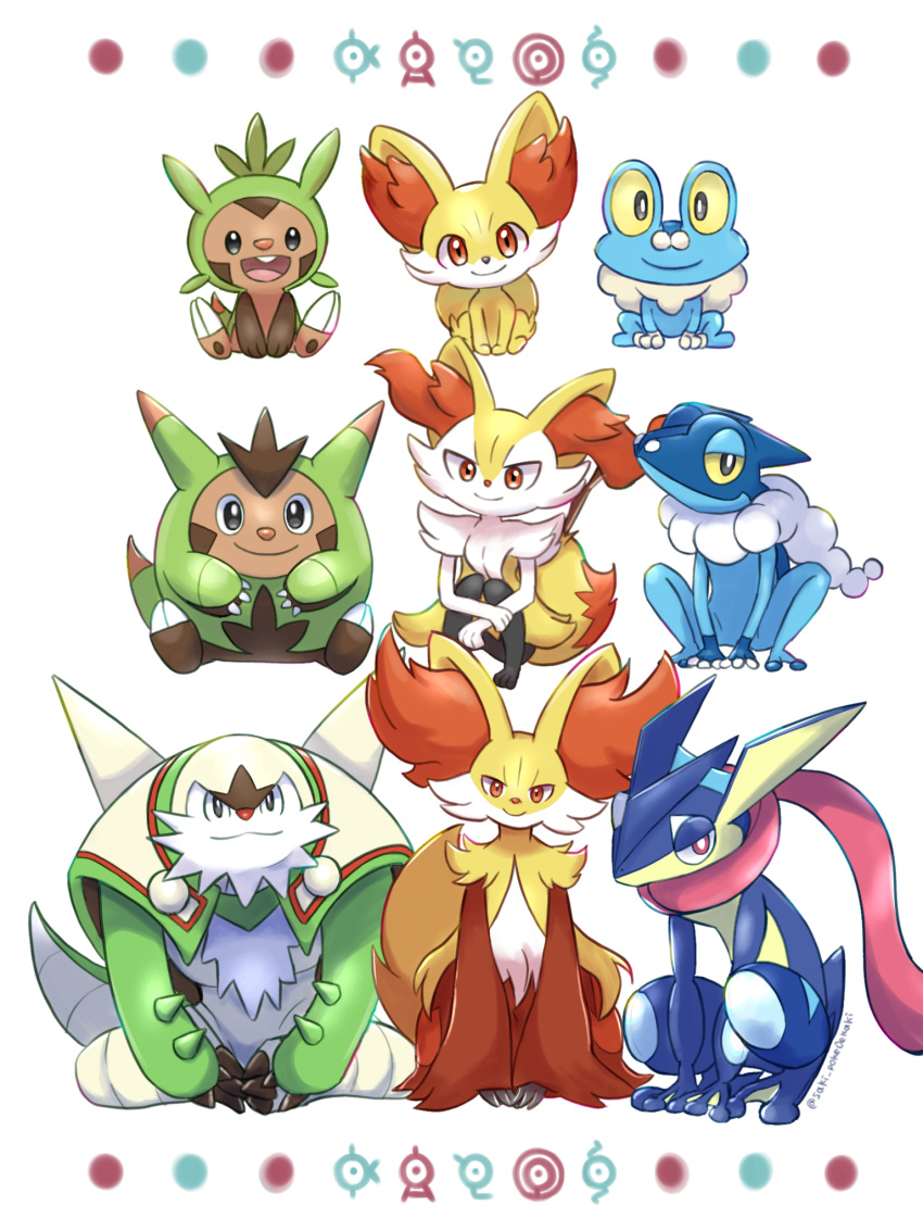 artist_name braixen chesnaught chespin delphox evolutionary_line fennekin froakie frogadier furry greninja highres looking_at_viewer open_mouth pokemon pokemon_(creature) quilladin saki_pokeoekaki simple_background sitting starter_pokemon_trio teeth unown unownglyphics upper_teeth_only watermark