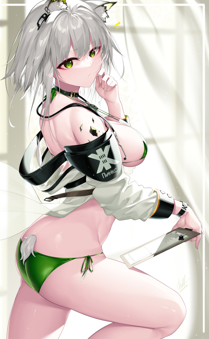 absurdres animal_ear_fluff animal_ears arknights ass bare_shoulders bikini breasts cat_ears clipboard commentary female green_bikini green_eyes grey_hair hand_up highres indoors izulizuru kal'tsit_(arknights) large_breasts long_sleeves looking_at_viewer material_growth off_shoulder oripathy_lesion_(arknights) short_hair side-tie_bikini_bottom solo star_of_life stethoscope swimsuit thighs