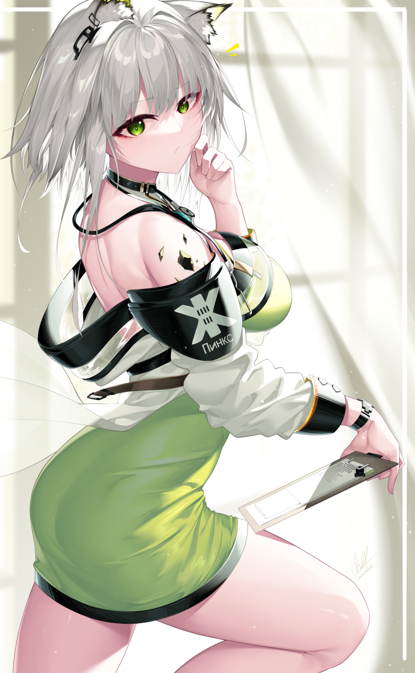 absurdres animal_ear_fluff animal_ears arknights ass bare_shoulders breasts cat_ears clipboard commentary dress female green_dress green_eyes grey_hair hand_up highres indoors izulizuru kal'tsit_(arknights) large_breasts long_sleeves looking_at_viewer material_growth off_shoulder oripathy_lesion_(arknights) pencil_dress short_dress short_hair solo star_of_life stethoscope thighs