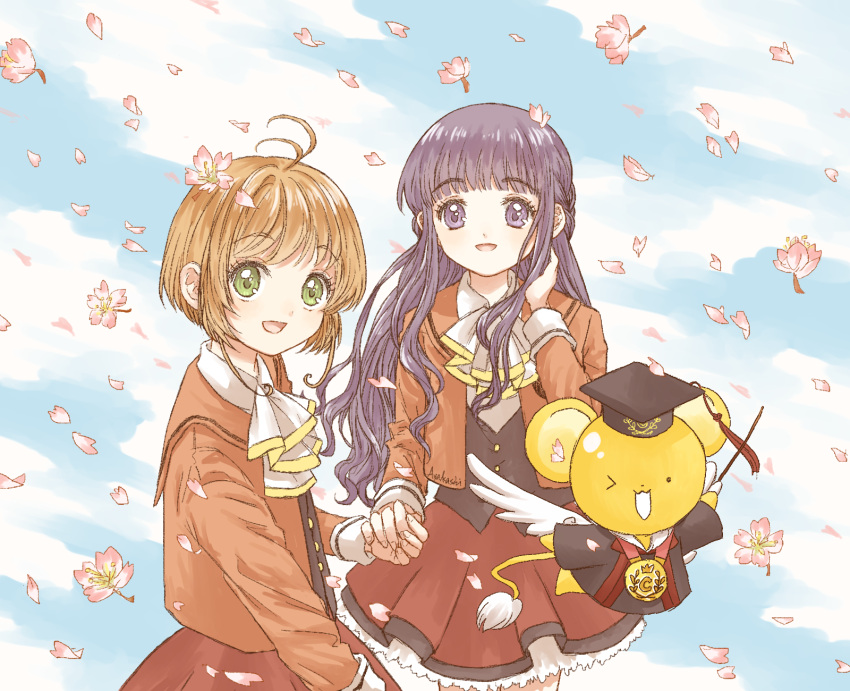 2girls :d alternate_costume alternate_uniform antenna_hair ascot blunt_bangs brown_hair cardcaptor_sakura cherry_blossoms clamp_(circle)_(style) daidouji_tomoyo friends green_eyes highres holding_hands kero_(cardcaptor_sakura) kinomoto_sakura multiple_girls official_style one_eye_closed open_mouth petals purple_eyes purple_hair red_skirt sailor_collar school_uniform short_hair sidelocks skirt smile wavy_hair white_ascot whitebk