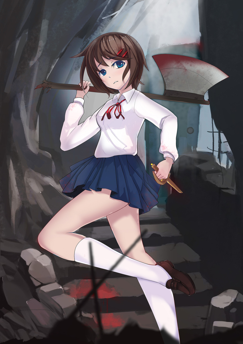 axe battle_axe blood blood_on_clothes blood_on_weapon blue_eyes blue_skirt blurry blurry_foreground breasts broken brown_footwear brown_hair cave commentary dagger demonophobia depth_of_field door dress_shirt dual_wielding female foot_out_of_frame foot_up freedom_up from_side frown hair_ornament hairclip highres holding knee_up kneehighs knife kunikai_sakuri light_blush loafers long_sleeves looking_at_viewer looking_to_the_side miniskirt neck_ribbon over_shoulder parted_lips pleated_skirt pool_of_blood raised_eyebrows red_ribbon reverse_grip ribbon ringed_eyes rock rubble running school_uniform shirt shoes short_hair skirt small_breasts socks solo stairs stone_floor stone_wall very_short_hair wall weapon weapon_over_shoulder white_shirt white_socks worried