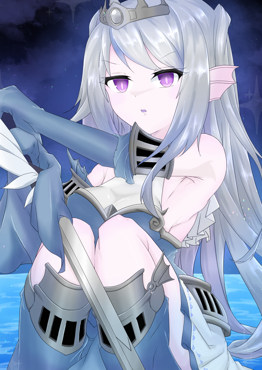 absurdres armpit_crease armpits breasts detached_sleeves disgust duel_monster eriya_(erizatta0045) female fins fish_girl grey_hair hair_ornament head_fins highres holding holding_sword holding_weapon kneehighs ocean parted_lips purple_eyes sideboob sitting skirt sleeves_past_wrists socks sword tearlaments_scheiren tiara two_side_up veil weapon yu-gi-oh!