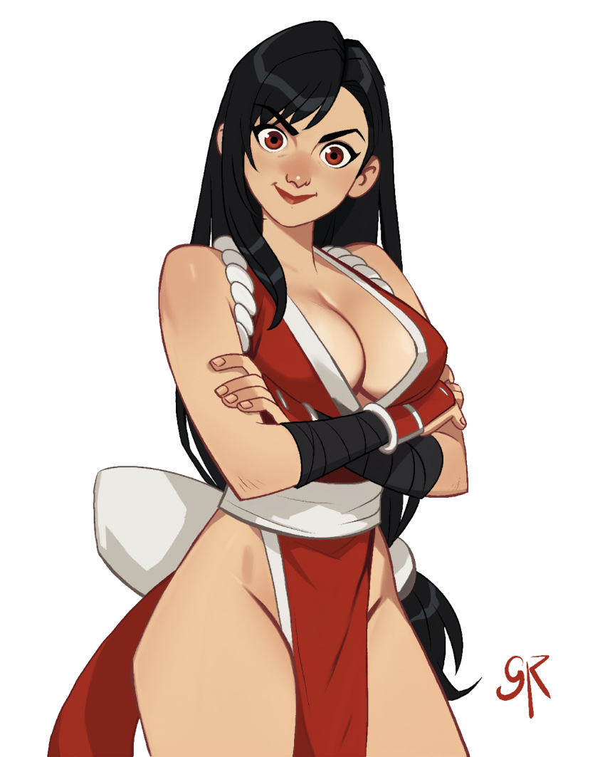 artist_name bare_hips black_hair breasts brown_eyes cleavage commentary cosplay cowboy_shot crossed_arms english_commentary female final_fantasy final_fantasy_vii galmesh_rosewood head_tilt highres large_breasts long_hair looking_at_viewer low-tied_long_hair no_panties pelvic_curtain shiranui_mai shiranui_mai_(cosplay) simple_background solo tifa_lockhart very_long_hair white_background