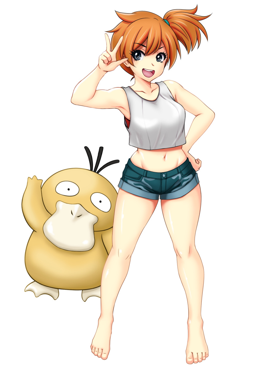 :d barefoot breasts crop_top female full_body grey_eyes hand_on_own_hip highres kasumi_(pokemon) kuma_(saku) medium_breasts midriff navel open_mouth orange_hair pokemon pokemon_(creature) pokemon_lgpe psyduck short_hair short_shorts shorts side_ponytail simple_background smile tachi-e w waving white_background