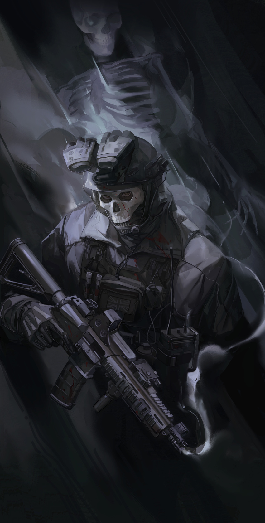 1boy absurdres assault_rifle black_background black_gloves black_jacket blood blood_on_clothes blood_on_mask bulletproof_vest call_of_duty call_of_duty:_modern_warfare_2 ghost_(modern_warfare_2) gloves gun h&k_hk416 helmet highres holding holding_gun holding_weapon jacket long_sleeves looking_at_viewer male_focus mask military_uniform rifle sin_node skeleton skull_mask smoke solo union_jack upper_body walkie-talkie weapon