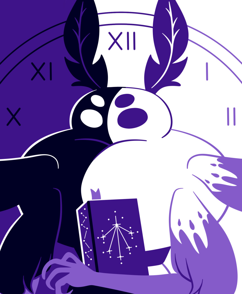 2023 4_arms 4_eyes 4_fingers analog_clock antennae_(anatomy) anthro arthropod book clock constellation deity fingers fur hi_res holding_book holding_object insects lepidopteran male minimal_color minimalism minimalist minimalistic moth multi_arm multi_eye multi_limb nude pengsong_(ilyaiii) portrait purple_antennae purple_arms purple_eyes roman_numeral shadow solo space star wasteroforange white_body white_fur white_head