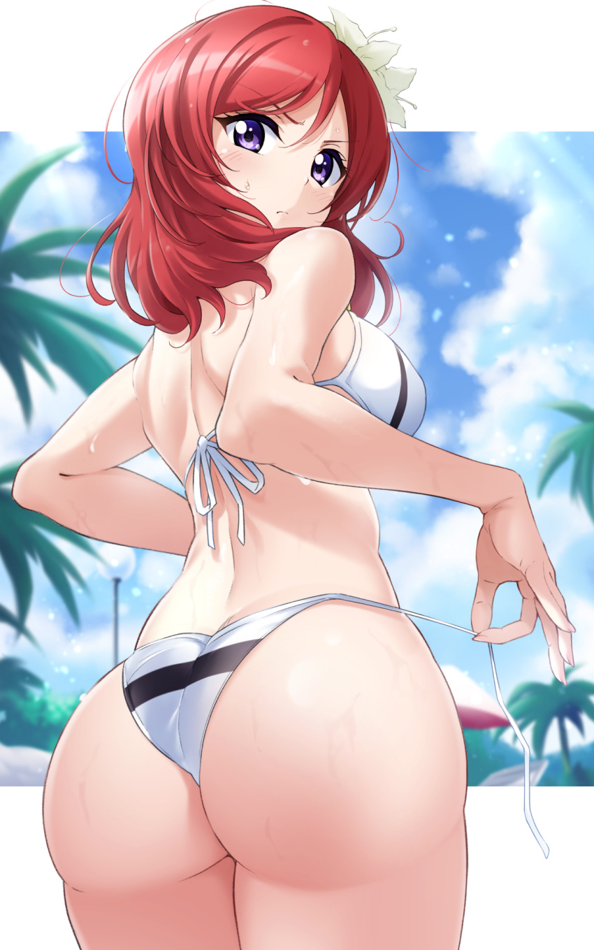 ass back bikini blush breasts closed_mouth commentary_request cowboy_shot female flower from_behind glaring hair_flower hair_ornament halterneck highres kirisaki_reina looking_at_viewer looking_back love_live! love_live!_school_idol_project median_furrow medium_breasts medium_hair nishikino_maki outdoors purple_eyes red_hair shiny_skin shoulder_blades side-tie_bikini_bottom solo standing string_bikini striped_bikini striped_clothes swimsuit untied_bikini v-shaped_eyebrows wet white_bikini