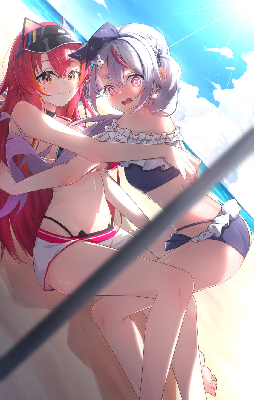 2girls :3 @_@ absurdres all_fours bare_shoulders barefoot beach bikini black_choker blue_sky bow_hairband braid breasts cattleya_regina_games choker double-parted_bangs earrings frilled_bikini frilled_bikini_bottom frilled_bikini_top frills grey_hair hair_between_eyes hair_ornament hairband heart heart_earrings highres jewelry large_breasts long_hair looking_at_viewer lying micro_shorts multicolored_hair multiple_girls navel nekota_tsuna nekota_tsuna_(summer_c102) ocean on_back open_mouth orange_eyes rabbit_hair_ornament red_hair ryo-taso shorts sky small_breasts streaked_hair swimsuit thick_eyebrows tosaki_mimi tosaki_mimi_(summer_c102) twintails virtual_youtuber visor_cap vspo!