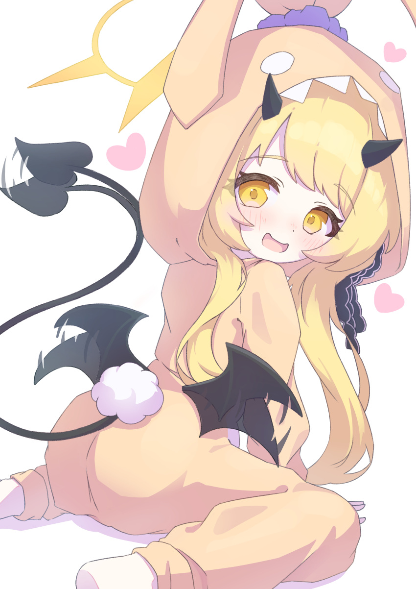 absurdres all_fours animal_costume black_horns black_ribbon black_tail black_wings blonde_hair blue_archive blush demon_girl demon_horns demon_tail demon_wings dot_nose female flapping from_behind hair_ribbon halo heart highres horns ibuki_(blue_archive) long_hair long_sleeves looking_at_viewer looking_back low_wings motion_blur motion_lines mottata nose_blush open_mouth pajamas rabbit_costume ribbon simple_background smile solo tail tail_wagging white_background wings yellow_eyes yellow_halo