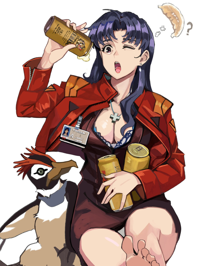 ? beer_can breasts can cleavage cross cross_necklace drink_can dumpling female food highres holding holding_can jacket jewelry katsuragi_misato necklace neon_genesis_evangelion open_clothes open_jacket red_jacket simple_background solo wani_(perfect_han) white_background