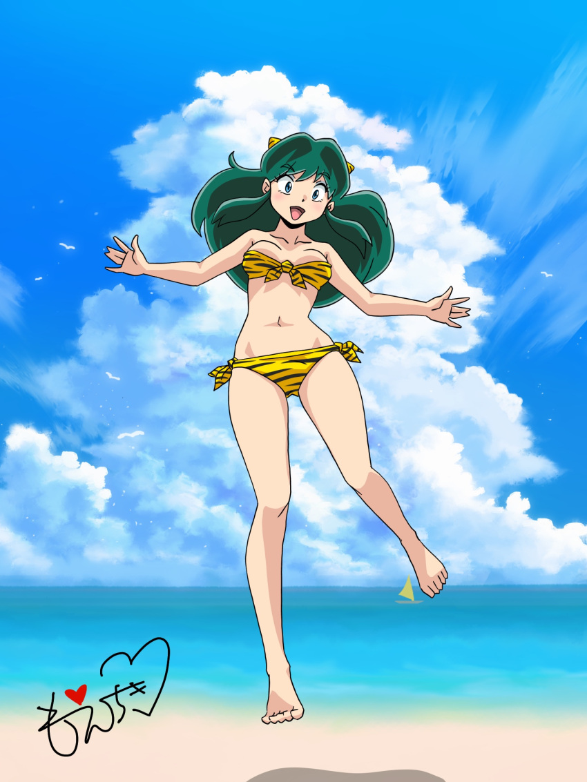 artist_logo barefoot beach bikini bird breasts cloud cloudy_sky collarbone commentary_request cone_horns cumulonimbus_cloud day female flying front-tie_bikini_top front-tie_top full_body green_hair highres horns logo long_hair looking_at_viewer lum moechiki navel ocean open_mouth outdoors seagull shadow side-tie_bikini_bottom sky solo swimsuit toes urusei_yatsura