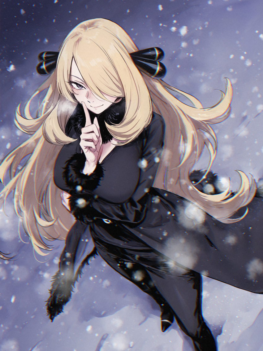 absurdres black_dress black_eyes blonde_hair breasts cleavage cynthia_(pokemon) dress female fur_wrist_cuffs hair_ornament hair_over_one_eye highres long_hair neck_fur pokemon pokemon_(creature) smile solo very_long_hair wrist_cuffs