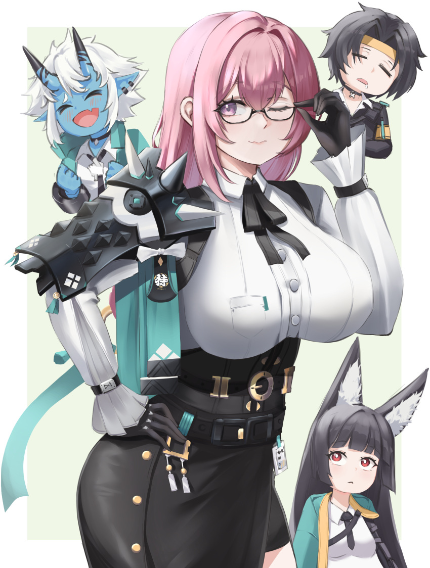 1boy 3girls absurdres animal_ear_fluff animal_ears armor asaba_harumasa black_gloves black_hair black_skirt blush breasts closed_eyes fox_ears fox_girl glasses gloves green_jacket hand_on_own_hip headband high-waist_skirt highres horns hoshimi_miyabi jacket jozahar large_breasts light_blush long_hair looking_at_another looking_at_viewer multiple_girls oerba_yun_fang one_eye_closed parted_bangs pink_eyes pink_hair pointy_ears short_hair shoulder_armor sidelocks skin_fang skirt sleeping smile soukaku_(zenless_zone_zero) tsukishiro_yanagi variant_set white_hair yellow_headband zenless_zone_zero