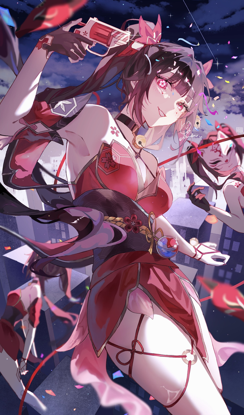 absurdres armpits bare_shoulders bell black_choker black_gloves black_sash breasts brown_hair butterfly-shaped_pupils choker criss-cross_halter dress female flower-shaped_pupils flower_tattoo fox_mask gloves gun gun_to_head halterneck highres holding holding_gun holding_weapon honkai:_star_rail honkai_(series) looking_at_viewer mark_under_both_eyes mask medium_breasts midair multiple_persona neck_bell o-ring open_mouth red_dress red_sleeves revolver sash single_glove snubnosed_revolver sparkle_(honkai:_star_rail) symbol-shaped_pupils tattoo tororogohan twintails weapon