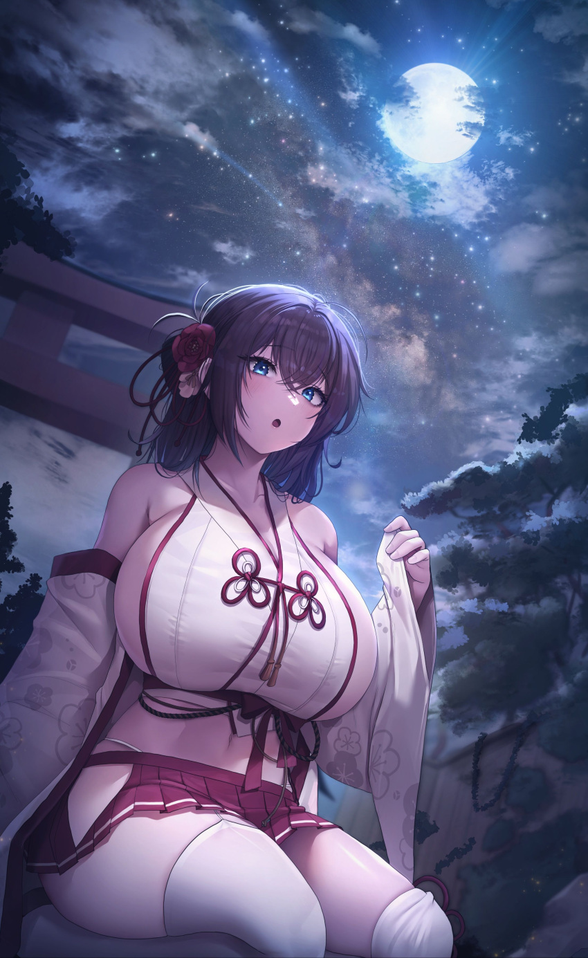 :o absurdres bare_shoulders breasts brown_hair commentary_request commission crop_top detached_sleeves doyoon_7 female flower flower_knot full_moon hair_bun hair_flower hair_ornament hand_up highres hip_vent huge_breasts japanese_clothes korean_commentary long_hair long_sleeves looking_at_viewer midriff miniskirt moon navel night night_sky nontraditional_miko open_mouth original outdoors panty_straps pleated_skirt red_skirt second-party_source seiza shirt sideboob single_side_bun sitting skirt sky sleeveless sleeveless_shirt solo spaghetti_strap star_(sky) starry_sky stomach takamiya_keika thighhighs thighs torii white_shirt white_thighhighs wide_sleeves