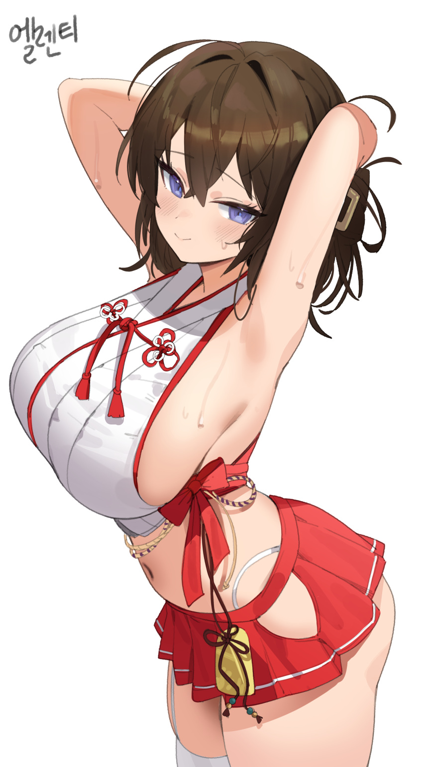 absurdres ahoge armpits arms_behind_head arms_up bare_arms bare_shoulders blue_eyes breasts brown_hair closed_mouth commentary_request commission cowboy_shot crop_top female flower_knot garter_straps highleg highres hip_vent japanese_clothes korean_commentary large_breasts long_hair looking_at_viewer microskirt midriff navel nogong nontraditional_miko oerba_yun_fang original panty_straps pleated_skirt red_skirt second-party_source shirt sideboob simple_background skirt sleeveless sleeveless_shirt smile solo stomach sweat takamiya_keika tassel thighhighs thighs white_background white_shirt white_thighhighs