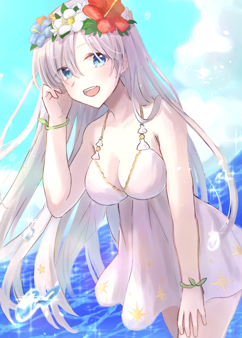 absurdres anastasia_(fate) anastasia_(swimsuit_archer)_(fate) blue_eyes blue_sky breasts cleavage cloud commentary_request dress dress_swimsuit fate/grand_order fate_(series) female floating_hair flower head_wreath highres kaori_(vuoian_appxv) long_hair looking_at_viewer medium_breasts ocean official_alternate_costume open_mouth sky smile solo swimsuit very_long_hair water white_dress white_hair