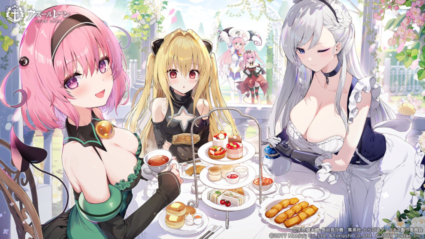 5girls apron arch arm_up artist_request azur_lane bat_wings belfast_(azur_lane) biscuit_(bread) black_dress black_hairband blonde_hair braid breasts broken broken_chain butter chains chair cleavage cleavage_cutout closed_mouth clothing_cutout collar commentary_request cookie copyright_name copyright_notice creamer_(vessel) cup day demon_tail dessert detached_collar detached_sleeves dress floral_arch flower food fork frilled_gloves frills from_above fruit gazebo gloves hair_intakes hair_ribbon hairband hairpods hand_on_own_hip hat highres holding holding_cup holding_teapot knife konjiki_no_yami lala_satalin_deviluke large_breasts leaf leaning_forward long_hair looking_at_viewer low_neckline maid maid_apron maid_headdress momo_velia_deviluke multicolored_clothes multicolored_dress multiple_girls nana_asta_deviluke napkin official_art one_eye_closed open_mouth outdoors pancake pastry pillar pink_eyes pink_hair plate purple_eyes red_eyes red_skirt ribbon sandwich saucer short_hair shoulder_cutout siblings side_ahoge sisters sitting skirt sleeves_past_wrists small_breasts smile spoon syrup table tablecloth tail tea tea_set teacup teapot thighhighs tiered_tray to_love-ru twintails two_side_up very_long_hair white_hair white_hat wings