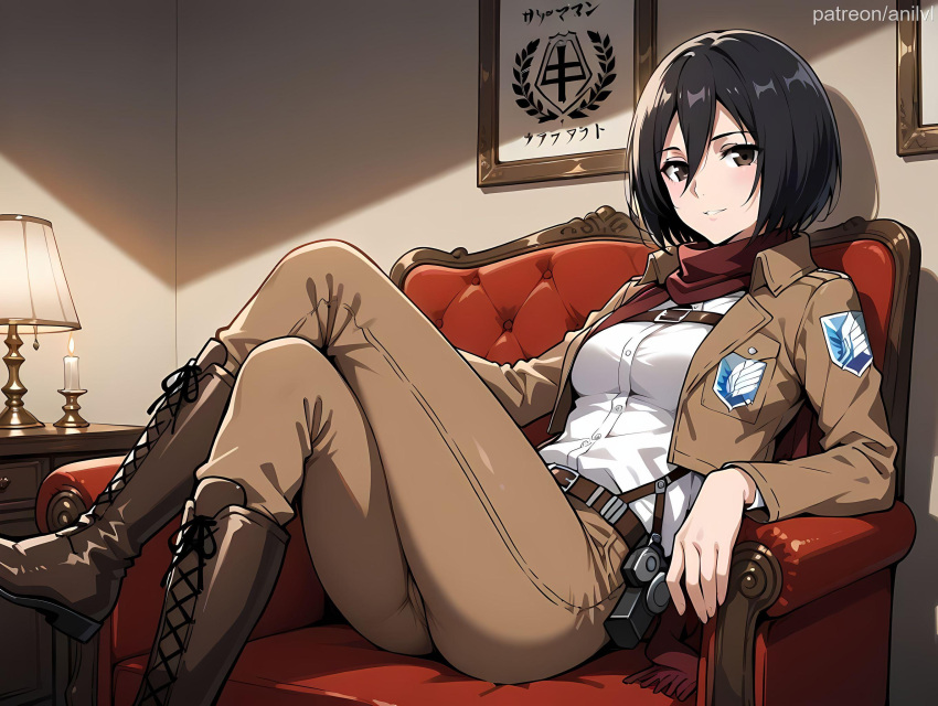 1girls ai_generated anilvl armchair attack_on_titan bangs belt black_eyes black_hair blush bob_cut boots breasts brown_belt brown_eyes brown_footwear brown_jacket brown_pants buckle candle chair closed_mouth collared_shirt couch cropped_jacket cross-laced_footwear crossed_legs desk_lamp dress_shirt emblem feet_out_of_frame gun hair_between_eyes handgun holster indoors jacket knee_boots lace-up_boots lamp leaning_back long_sleeves looking_at_viewer medium_breasts mikasa_ackerman on_chair on_couch open_clothes open_jacket pants paradis_military_uniform parted_lips picture_frame reclining red_scarf scarf shiny shiny_hair shirt short_hair sitting smile solo survey_corps_(emblem) suspenders weapon white_shirt