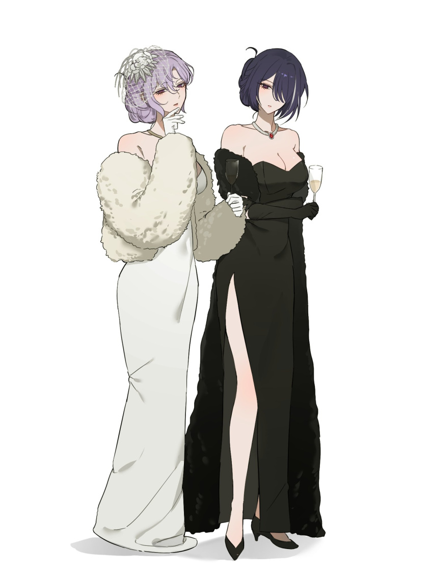 2girls 9_(hcl9fg) acheron_(honkai:_star_rail) alcohol alternate_costume alternate_hairstyle bare_legs bare_shoulders black_dress black_footwear black_gloves black_hair black_swan_(honkai:_star_rail) breasts champagne champagne_flute cleavage closed_mouth collared_shirt commentary_request cup curtained_hair dress drinking_glass elbow_gloves expressionless fascinator full_body fur_jacket gem gloves hair_over_one_eye hair_up hand_on_own_chin high_heels highres holding holding_cup honkai:_star_rail honkai_(series) jacket jewelry korean_commentary large_breasts long_dress long_sleeves looking_back lower_eyelashes_only multicolored_hair multiple_girls one_eye_covered pendant pointy_footwear purple_eyes purple_hair red_gemstone shadow shirt side-by-side side_slit simple_background standing strapless strapless_dress streaked_hair two-tone_hair updo white_background white_dress white_gloves white_hair